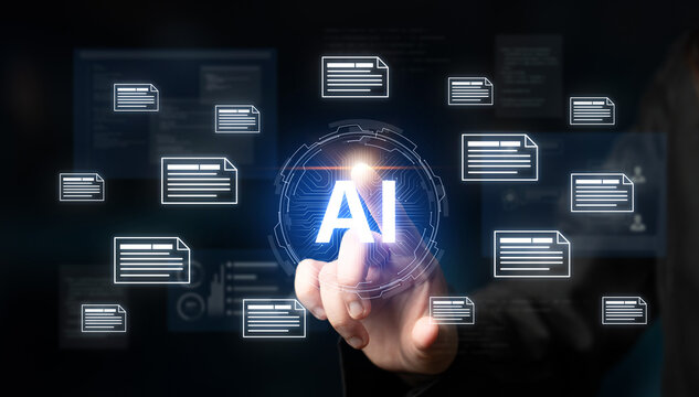 AI document automation concept with floating files and knowledge cards. Document NLP processing, search, document summarization, LLM document management for DMS enterprise workflows. Corpus