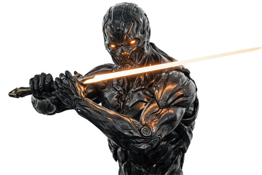 Cybernetic warrior holding a glowing energy sword with metallic armor and glowing eyes isolated on a transparent background
