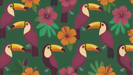 Fototapeta premium Toucans and tropical flowers in vibrant, repeating pattern on green background.