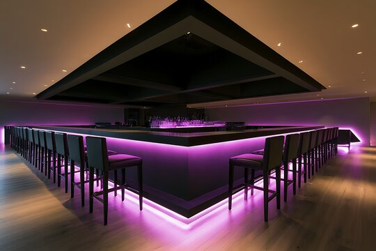 Modern luxury bar interior with purple led accent lighting, elegant black bar stools, and a sleek suspended ceiling structure