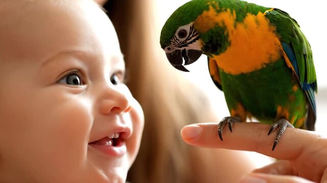 Cute Baby Interacting with Green Parrot. 4K Video