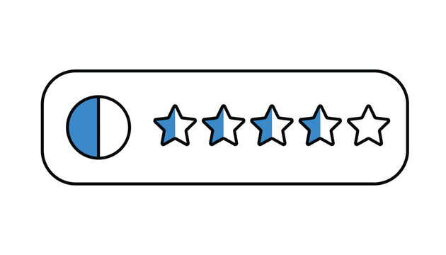 Rating scale graphic featuring a half-filled blue circle next to five half-filled blue stars on a white rounded rectangle.