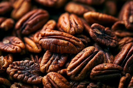 A closeup view of a pile of freshly shelled pecans, showcasing their rich texture and warm brown color