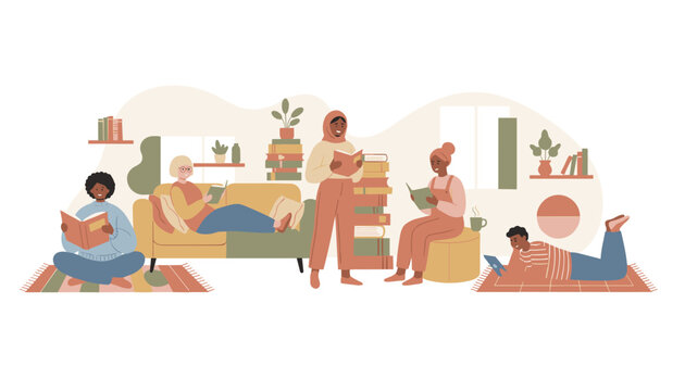 Cozy library scene showing diverse young people reading books in comfortable seating and relaxed postures at home.
