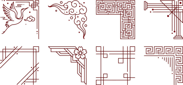 Asian decorative corner frames with traditional patterns and oriental motifs elements