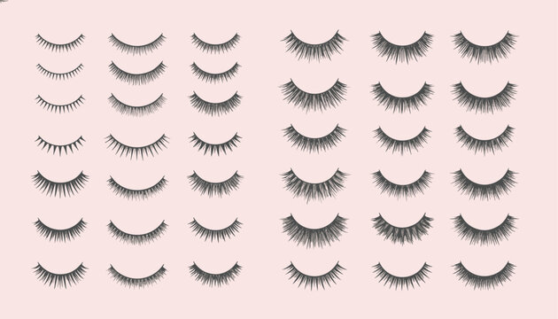 Selection of twenty-four different styles and shapes of false eyelashes displayed on a pale pink background.