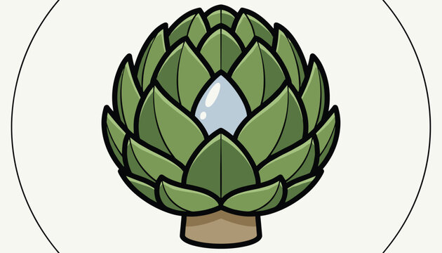 Vector illustration of a fresh green artichoke head with a water drop in the center, presented inside a circle.
