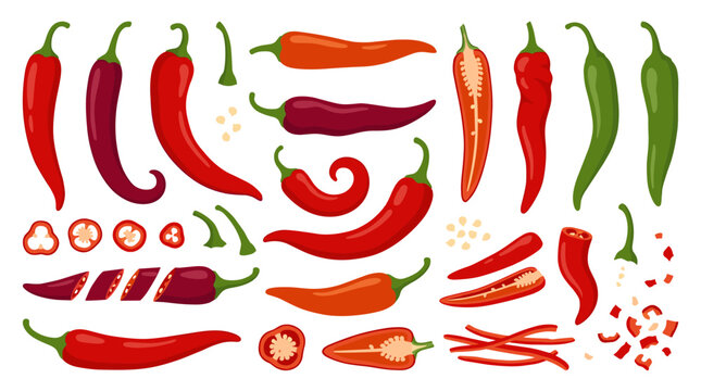 set of diverse spicy chili peppers featuring red and green whole vegetables, sliced pieces, and seeds, perfect for food menus or kitchen decor