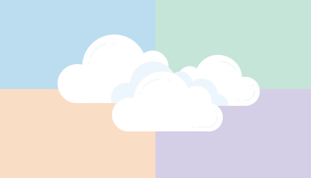 Fluffy white clouds floating in front of a four-section color block background in pastel tones of blue, green, orange, and purple.