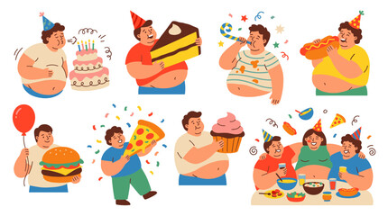 Fototapeta premium collection of overweight men celebrating birthday party with cake, fast food, and pizza, joyous festive atmosphere, fun celebration scenes, vector