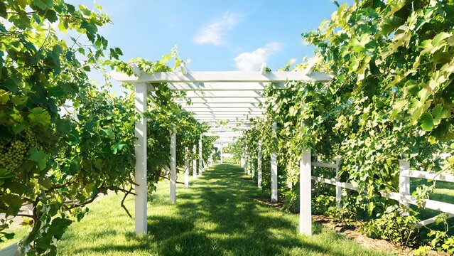 Sunlit vineyard path beneath white pergola with lush grapevines