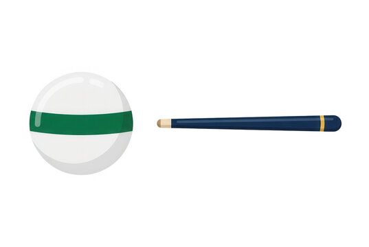 Eine wei&szlig;e Billardkugel mit einem gr&uuml;nen Streifen und ein blaues Billard-Queue, isoliert auf wei&szlig;em Hintergrund, im flachen Vektor-Stil f&uuml;r Sportgrafiken und Freizeit-Design-Projekte.