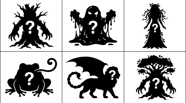 Set of black mysterious creature silhouettes with question mark symbols representing hidden identity, unknown species, mystery, gaming character