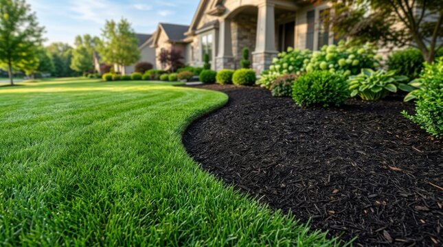 Immaculate green lawn borders dark mulch landscaping bed with lush shrubs in front of elegant suburban residential home.