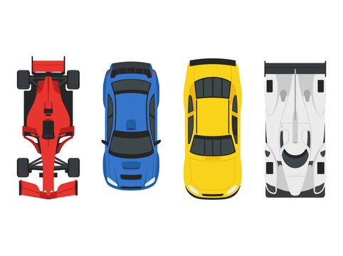 Top down view set of racing cars including formula one sports and sedan vehicles in flat vector style for transportation and game design