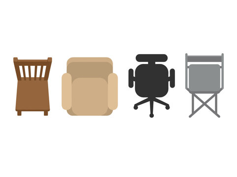 Top down view set of four different chairs including wooden, armchair, office and folding stool for architectural planning and interior layout design