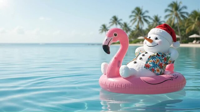 Snowman Wearing Santa Hat Floating on Pink Flamingo Pool Ring in Tropics