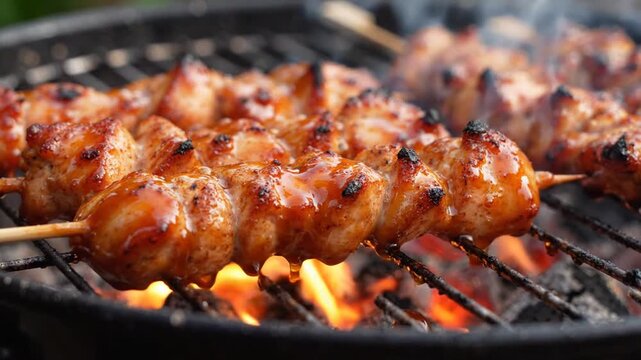 Close up of glazed chicken skewers grilling over fire on a BBQ grill.