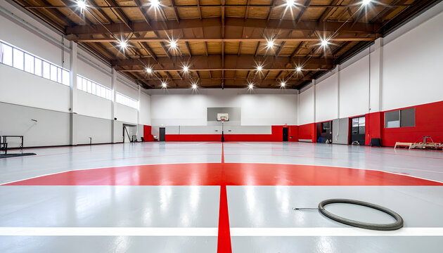 Wide shot of an empty indoor sports hall with a basketball hoop, bright lights, a colored floor, and a red accent wall