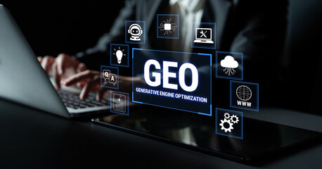 Naklejka premium Professional in Business Suit Utilizing Laptop with Digital Icons Representing Generative Engine Optimization Concepts and Strategies in Modern Workplace Fluxor.