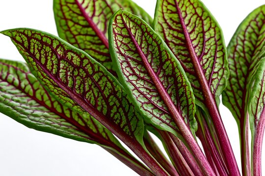 Fresh red veined sorrel leaves isolated on white background