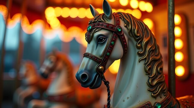 Carousel Horse Head with Ornate Bridle in Front of Glowing Lights