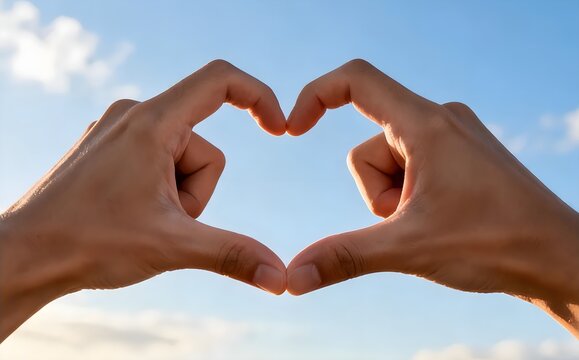Close-up hands forming a heart gesture against a blue sky, representing peace, harmony, love, and unity.