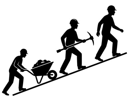 Black silhouettes of three workers with wheelbarrow, pickaxe, and leader ascending slope, bold vector design symbolizing labor, teamwork, and progress.