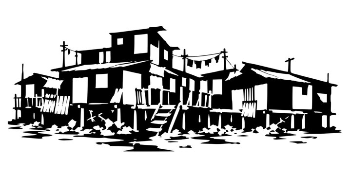 Black silhouettes of elevated stilt houses with fences, stairs, and clotheslines, bold vector design symbolizing rustic living, coastal culture, and improvised architecture.