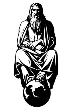 Black silhouette of robed figure with beard seated above globe, bold vector design symbolizing wisdom, authority, and dominion in classical iconographic style.