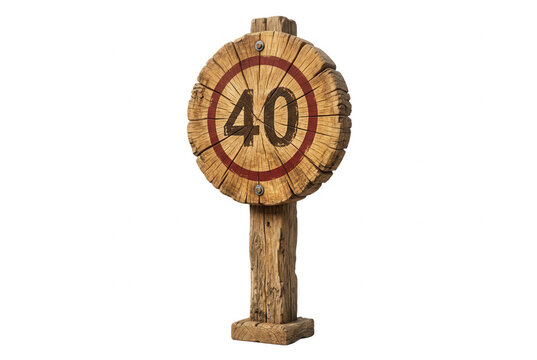 Rustikales rundes Holzschild mit der Zahl 40 und rotem Kreis auf einem Holzpfosten, freigestellt auf wei&szlig;em Hintergrund f&uuml;r Geburtstag oder Jubil&auml;um.