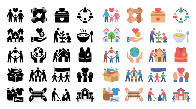 Set of icons representing charity, volunteering, and social support services.