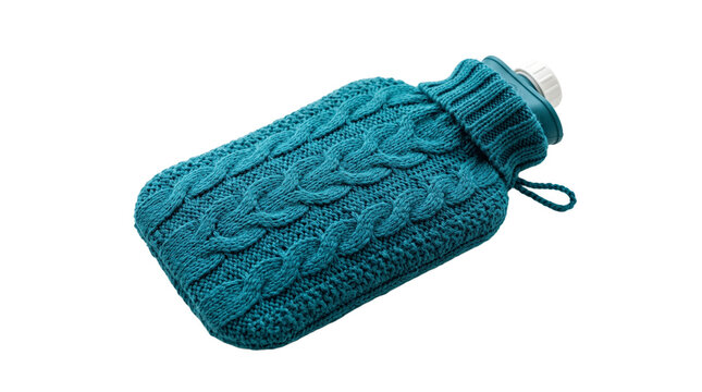 Teal knitted hot water bottle with cable knit pattern and hanging loop PNG Isolated on transparent background
