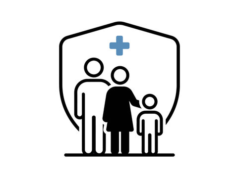 Family health insurance icon displaying parents and a child protected by a medical cross shield.