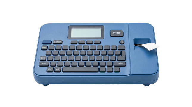Blue electronic label maker with QWERTY keyboard and LCD screen PNG Isolated on transparent background