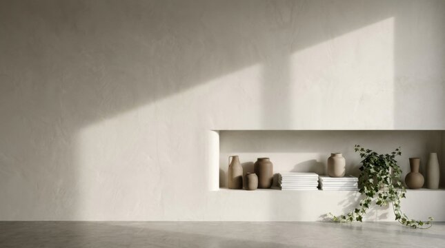 Sunlit Wabi Sabi Living Room Wall with Recessed Niche Shelf and Plants