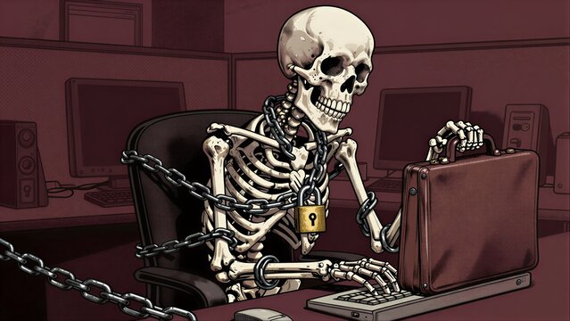 Skeleton chained at desk, typing with locked briefcasecybersecurity metaphor.
