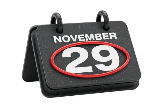 Black desk calendar showing the date of november 29 with a red oval frame isolated on a transparent background