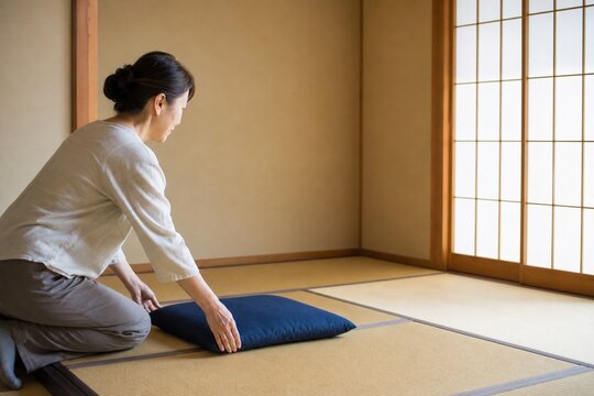 Japanese Staff Member Preparing a Zabuton in a Tatami Room