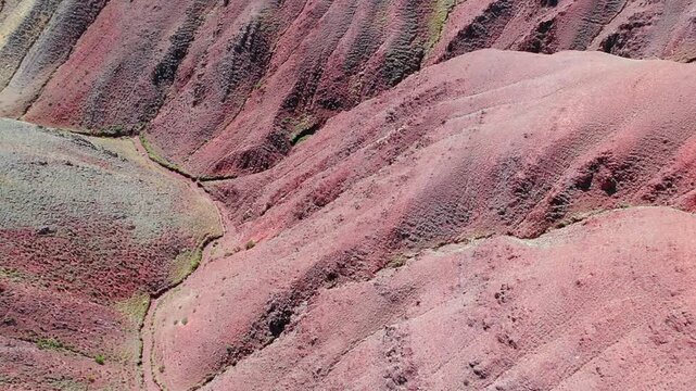 Red clay canyon. Aerial video from drone of Altai mountain landscape.  Camera looks down and moves backwards with zoom effect.
