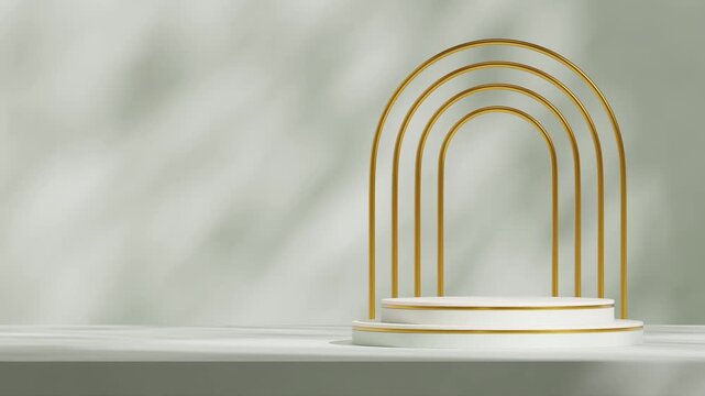 seamless loop shadow animation with golden arch backdrop, 3d video rendering mockup template of white and green cylinder  podium