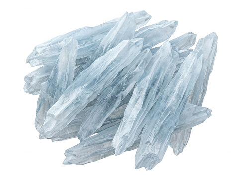 Ein Stapel hellblauer, transparenter Kristalle mit rauer Textur, isoliert auf wei&szlig;em Hintergrund, die an Eiskristalle oder Menthol erinnern.