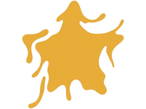 Ein einzelner, unregelm&auml;&szlig;ig geformter gelb-oranger Farbspritzer mit Tropfen, der auf einem reinen wei&szlig;en Hintergrund isoliert ist und eine dynamische, fl&uuml;ssige Textur darstellt.