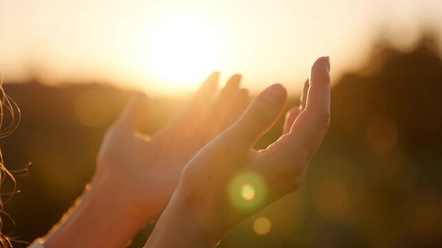Human Hands Reaching Up Towards Sun Golden Hour Sunlight. 4K Video