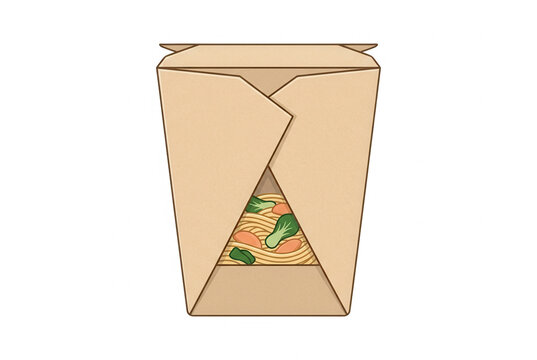 Eine illustrierte Take-Away-Box aus braunem Kraftpapier mit einem Sichtfenster, das Nudeln mit Gem&uuml;se zeigt, isoliert auf einem wei&szlig;en Hintergrund f&uuml;r Gastronomie-Konzepte.