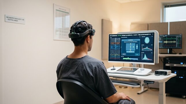 Person in Neurotechnology Lab with Brain-Computer Interface Headset