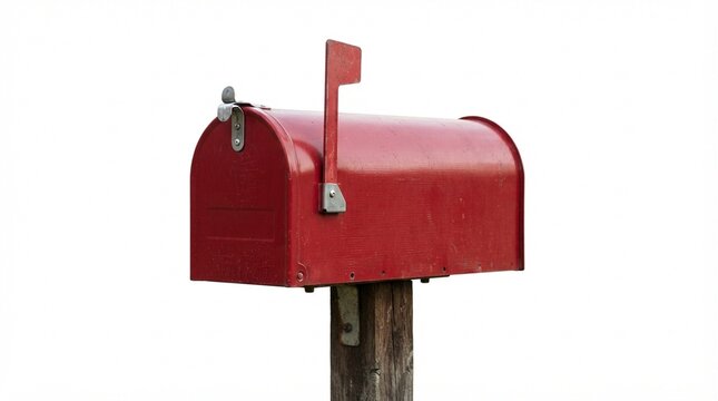 Vintage red mailbox on wooden post, classic metal postbox isolated on white, traditional american mail box for delivery
