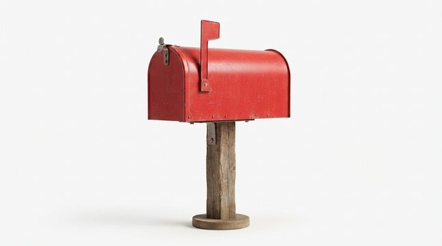 Vintage red mailbox on wooden post, classic American metal mail box, rustic postal delivery container on white background