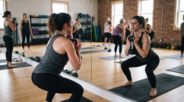 Woman performing dumbbell squats in a fitness class