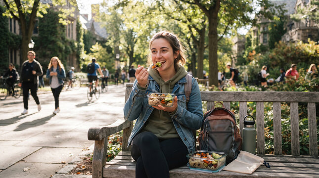 Young woman eating a healthy salad lunch on a park bench at university